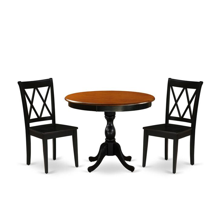East West Furniture 3-Piece Dinning Room Set Contains a Wooden Table and 2 Wooden Dining Chairs with Double-X Back - Black Finish