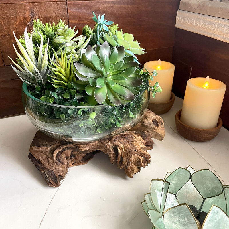 Molten Glass Bowl on Driftwood 10" Hand Blown Decorative Centerpiece Planter image number 5