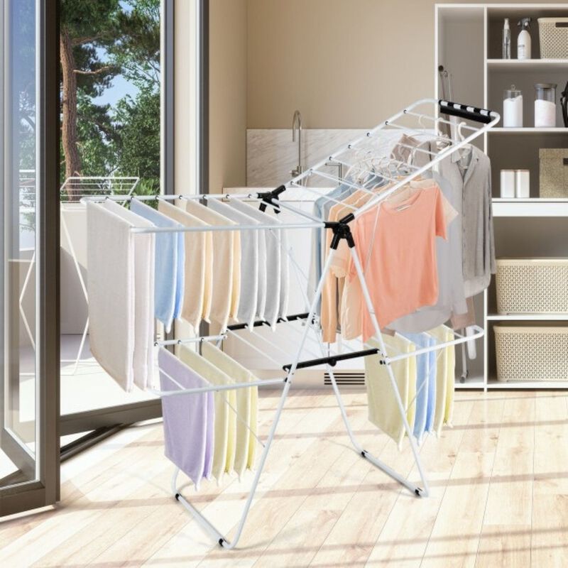 QuikFurn White 2 Level Foldable Clothes Drying Rack Adjustable Height image number 2