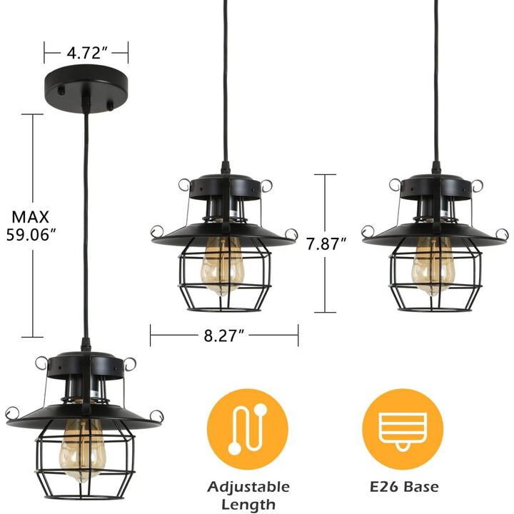 DGY Vintage Farmhouse Pendant Light Rustic Metal Caged Pendant Lights Black Cage Hanging Lamp for Kitchen Island Entryway Bedrooms Living Room Barn, Adjustable Height E26 Bulb (1 Light)