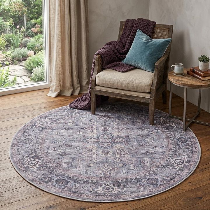 HomeRoots Round Floral Power Loom Distressed Area Rug
