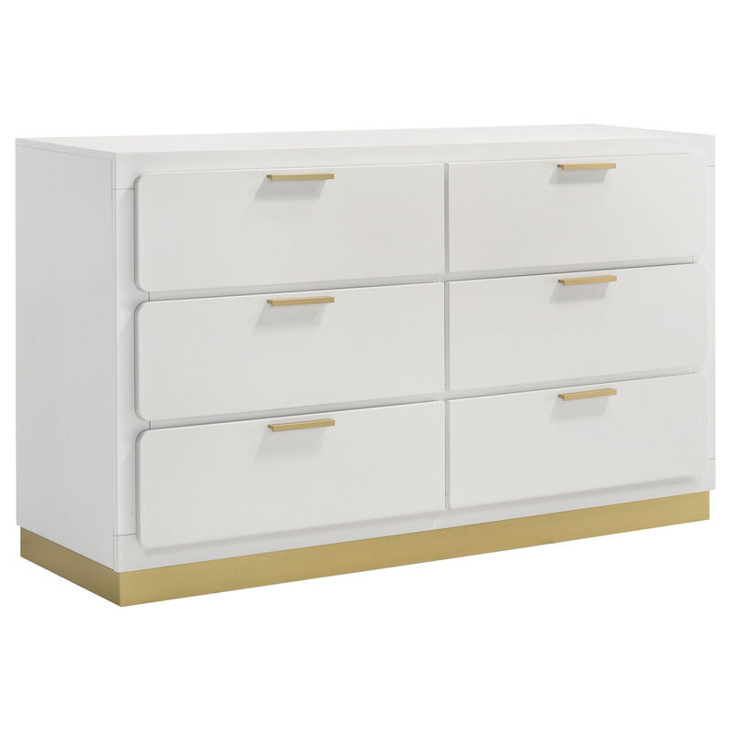 Caer 4pc Queen Bedroom Set in White, Gold Accents, Gray Upholstery