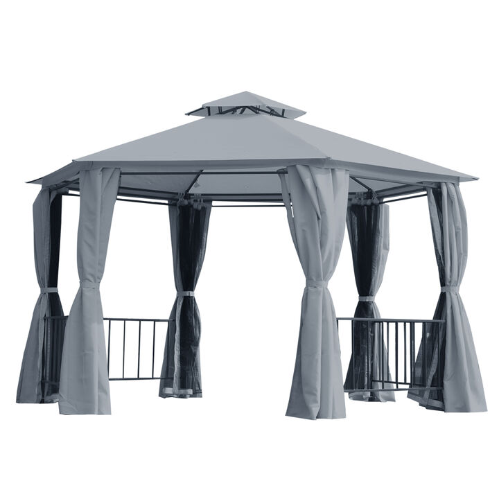 Outsunny 13' x 13' Patio Gazebo, Double Roof Hexagon Outdoor Gazebo Canopy Shelterwith Netting & Curtains, Solid Steel Frame for Garden, Lawn, Backyard and Deck, Grey