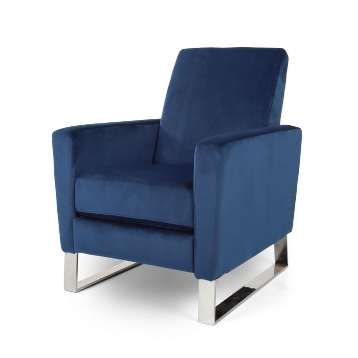 Reki Recliner Chair, Manual Push Back, Stainless Steel, Blue Velvet - Benzara