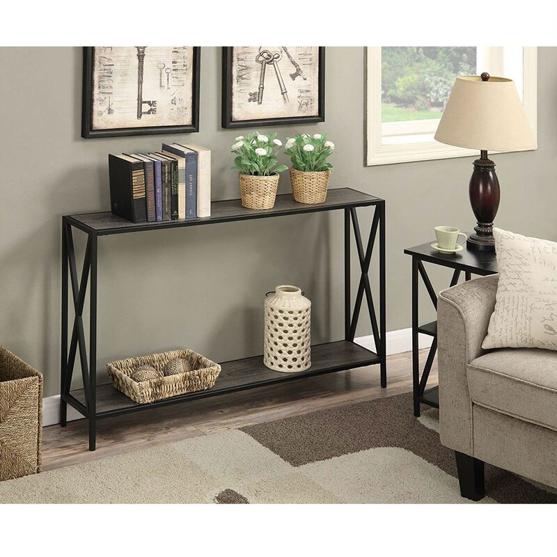 Hivvago Weathered Grey Wood Console Sofa Table with Bottom Shelf and Metal Frame