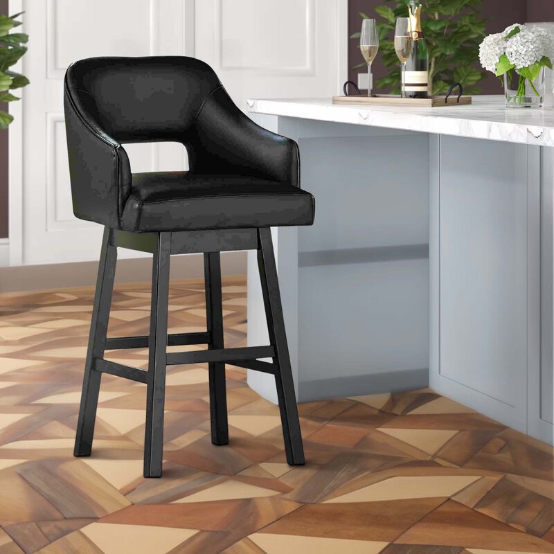 Swivel Barstool with Faux Leather and Countered Back, Set of 2, Black - Benzara