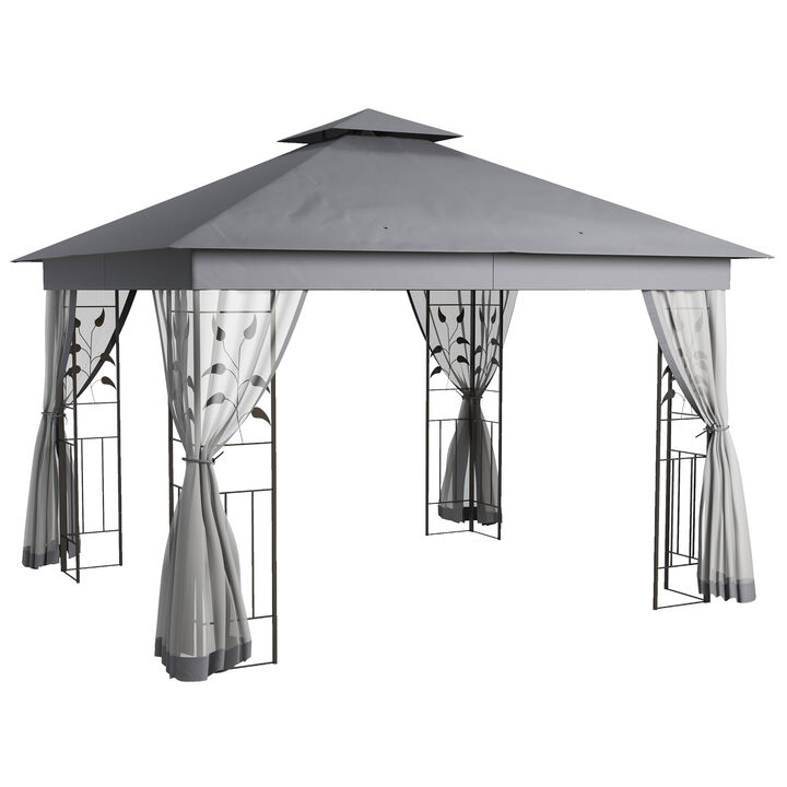 Outsunny 10' x 11.5' Metal Patio Gazebo, Double Roof Outdoor Gazebo Canopy Shelter with Tree Motifs Corner Frame and Netting, for Garden, Lawn, Backyard, and Deck, Gray
