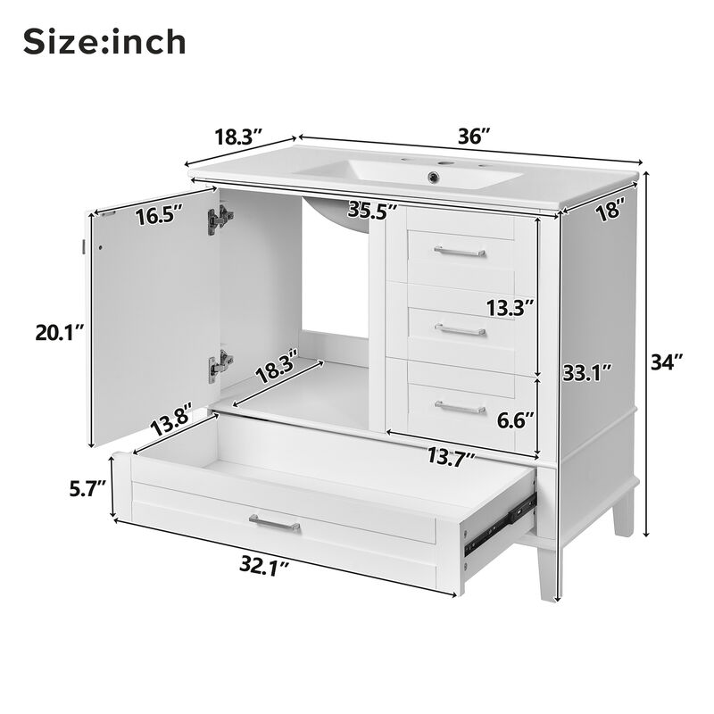 Whisen 36 in. Bathroom Storage Cabinet Bathroom Vanity with Ceramic Sink, Soft Close Door and 3 Drawers