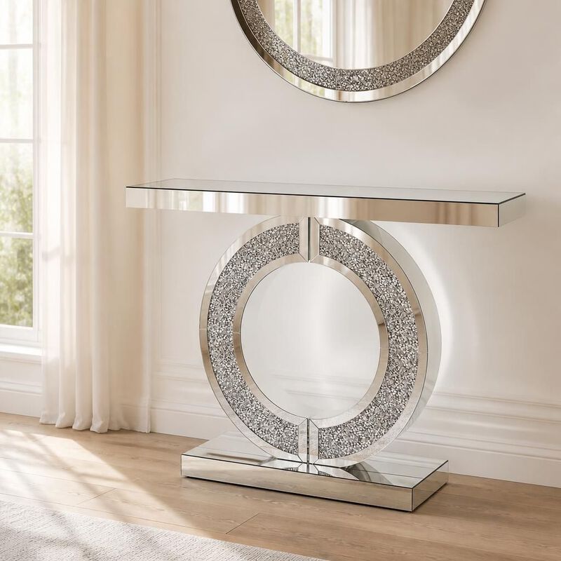 O Shaped Mirrored Console Table Handcrafted Beveled Edge Accent Table image number 2