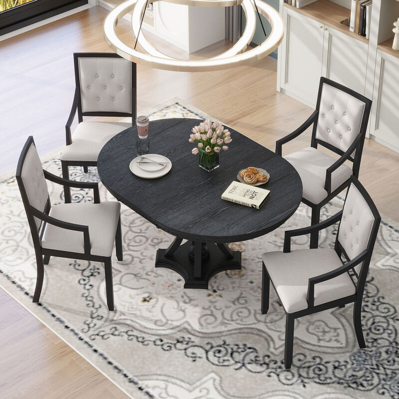 Whisen Retro 5-Piece Dining Table Set with Extendable Round Table and 4 Upholstered Chairs image number 2