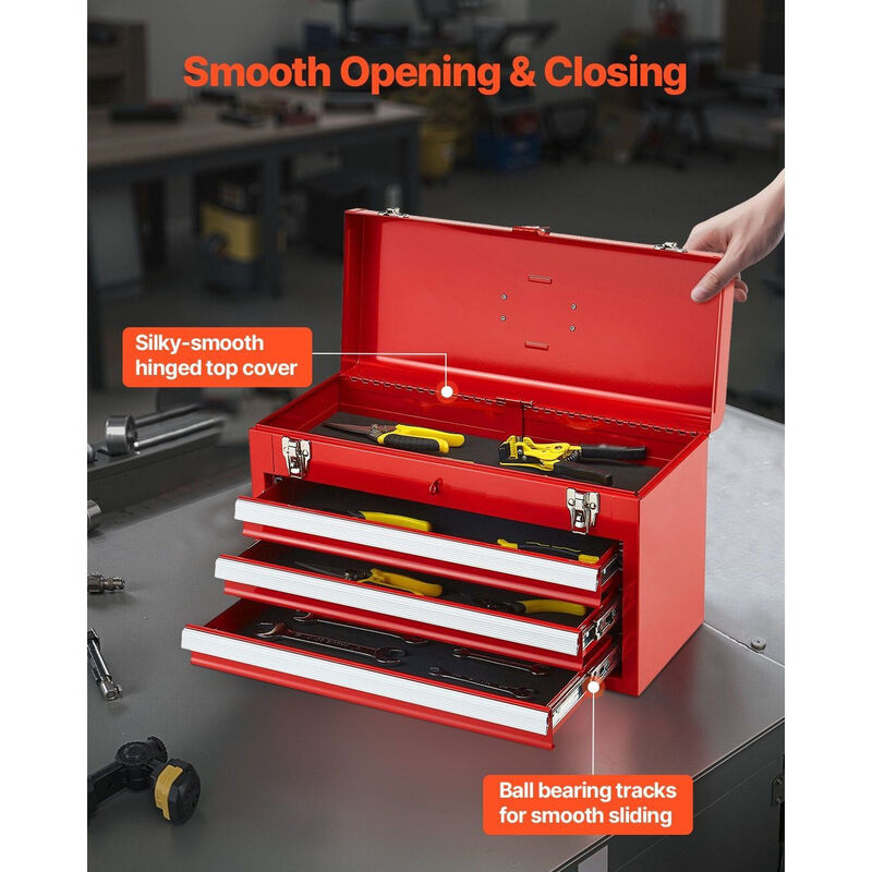 Metal Tool Box with 3 Drawers, Locking Small Tool Chest with EVA Lined Storage-Red image number 5