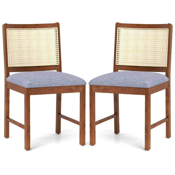 Rattan Dining Chair Set of 2 with Rubber Wood Frame and Linen Fabric Padded Seat