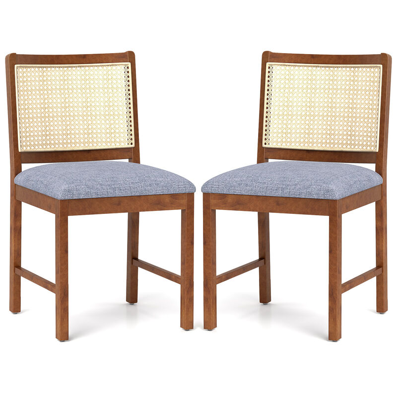 Rattan Dining Chair Set of 2 with Rubber Wood Frame and Linen Fabric Padded Seat