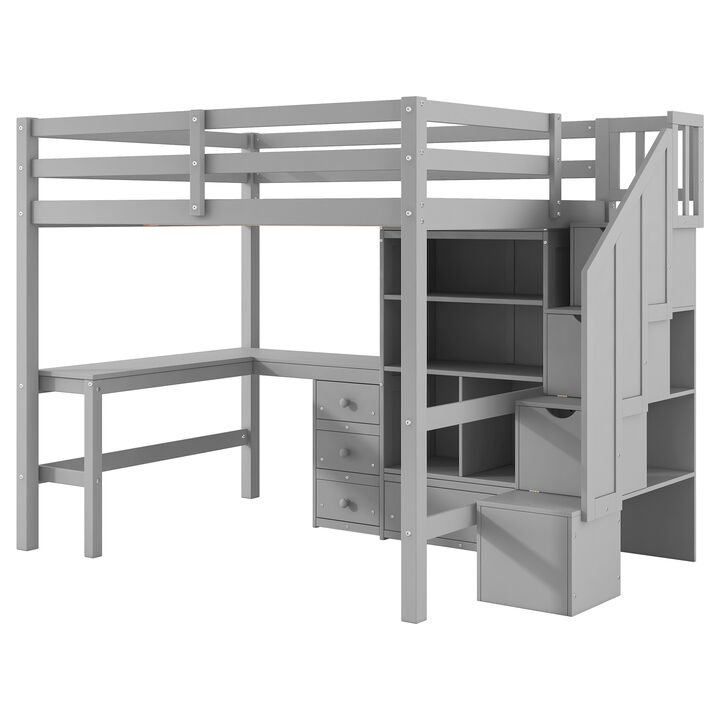 Whisen Full Size Wood Loft Bed with L-Shaped Desk and Drawers, Cabinet and Storage Staircase - White