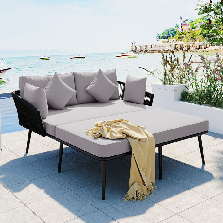 Outdoor Patio Daybed, Woven Nylon Rope Backrest with Washable Cushions for Balcony, Poolside, Set for 2 Person, Gray