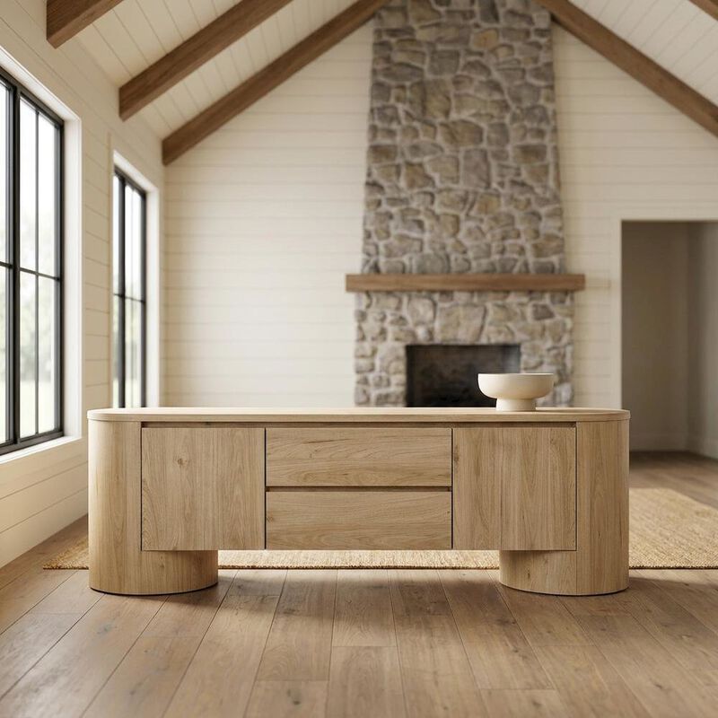 Oval Entertainment Center TV Console Cabinet with Storage and Drawers, Light Oak image number 4