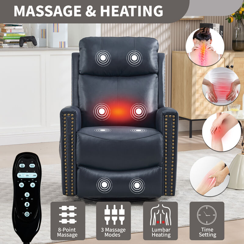 Genuine Leather Heat Massage Manual Recliner Chair with Rocker and Swivel for Living Room image number 3