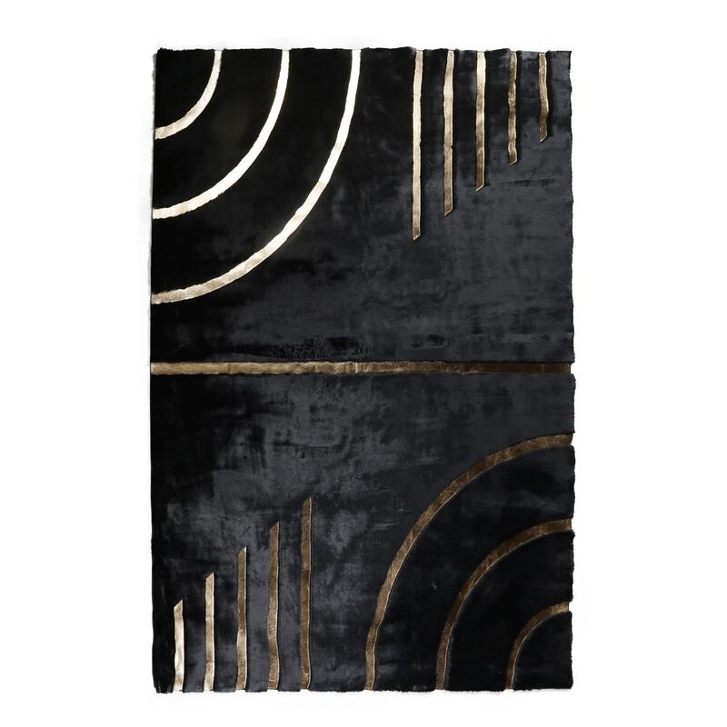 Gold Striped Black Geometric Fur Plush Rug
