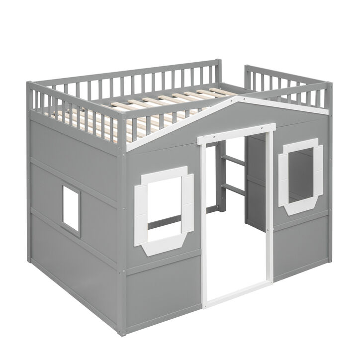 Full Size House Loft Bed With Ladder-Gray+White Frame