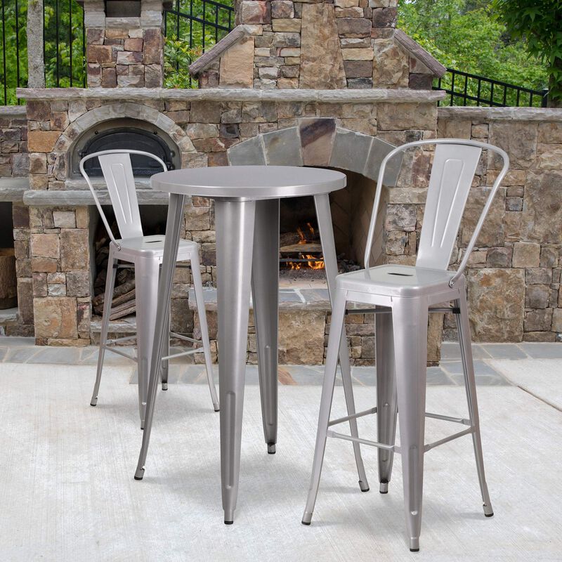 Flash Furniture Nichols Commercial Grade 24" Round Silver Metal Indoor-Outdoor Bar Table Set with 2 Cafe Stools