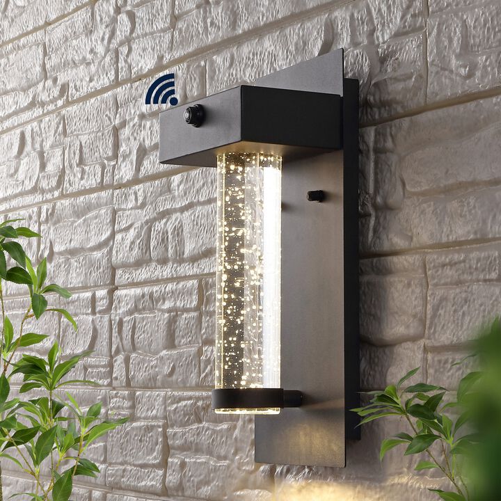 Horizone Minimalist Industrial Iron/Glass Seeded Glass with Dusk-to-Dawn Sensor Integrated LED Outdoor Sconce