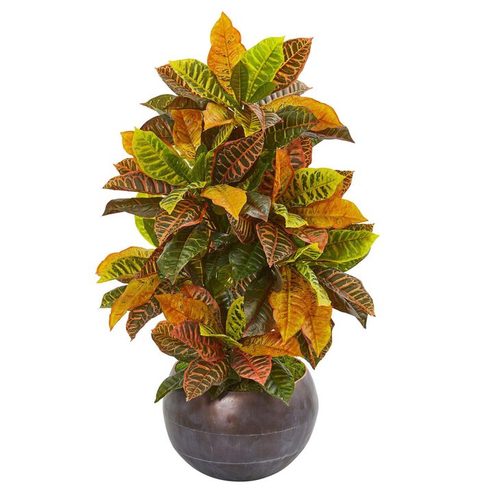 Nearly Natural 37-in Croton Artificial Plant in Metal Bowl (Real Touch)