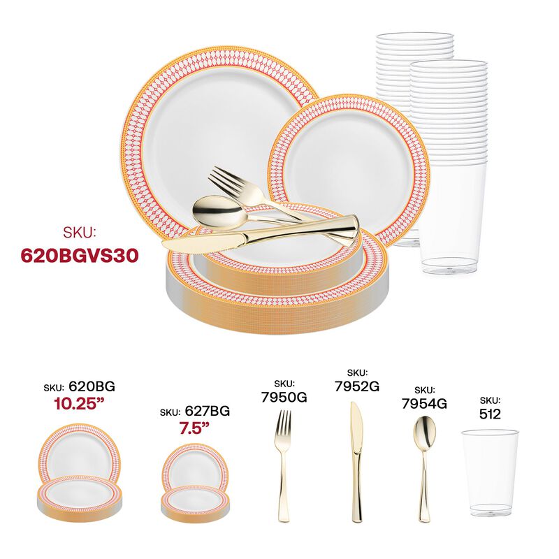 White with Red and Gold Chord Rim Plastic Wedding Value Set (30 Sets) image number 5
