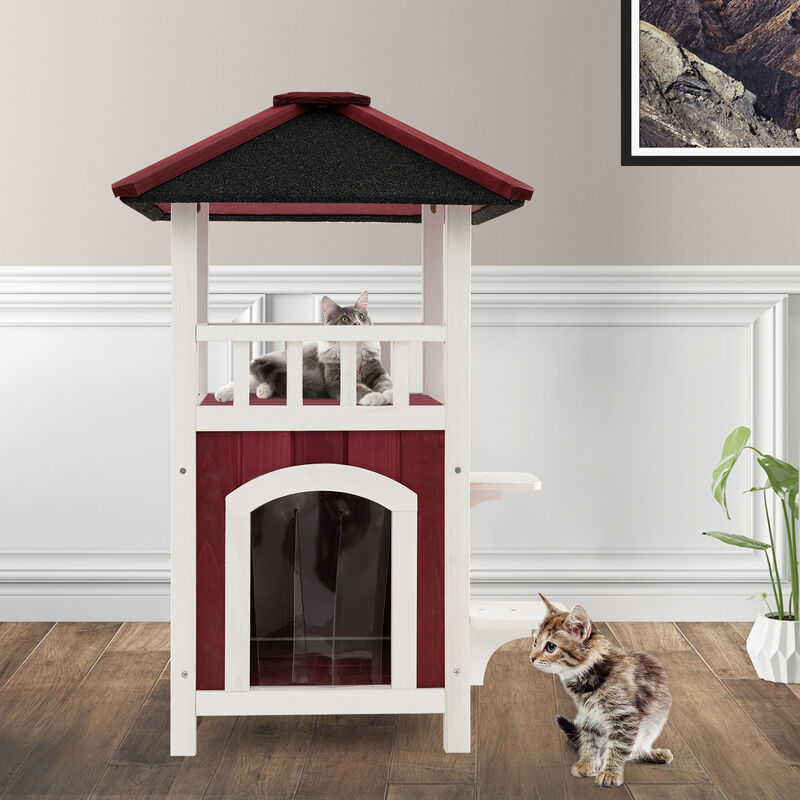 Outdoor 2-Story Wooden Cat House with Balcony, Roof & Rain Curtain &ndash; Red image number 3
