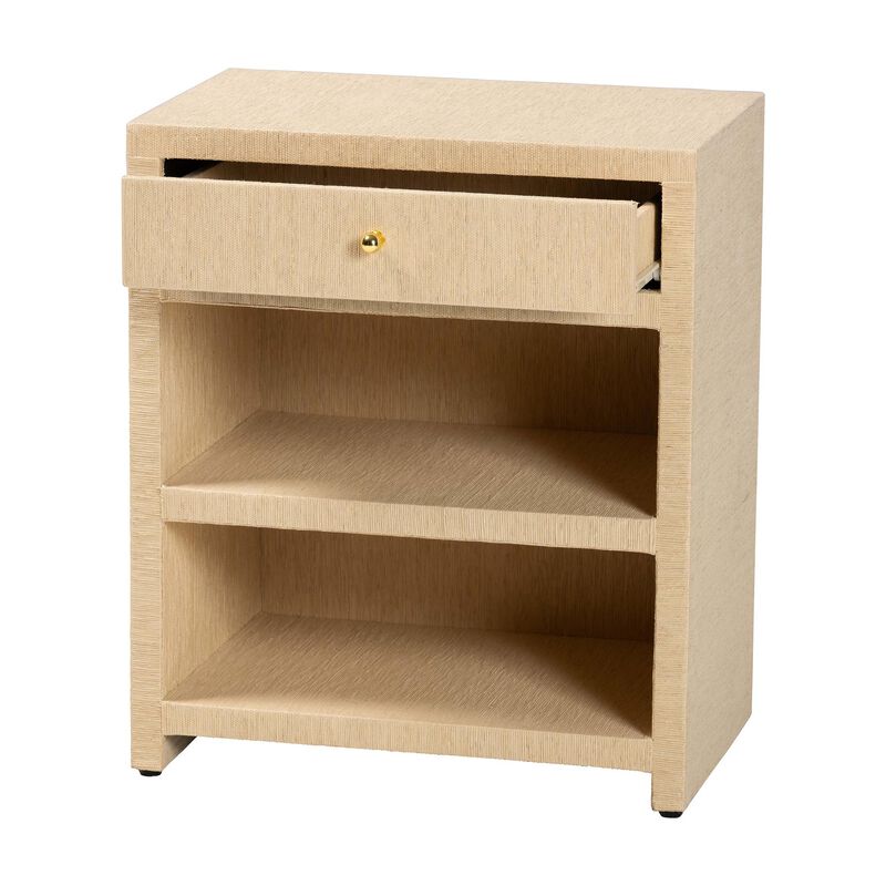 bali & pari William Grasscloth 1-Drawer Nightstand with Open Shelves - Woven Texture Bedside Table with Gold Knob, Modern Coastal Accent Table for Bedroom image number 2