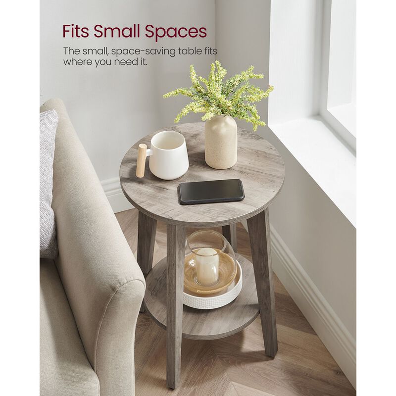 Minimalist Round End Table &ndash; Small Table with Lower Shelf for Sofa Side or Bedside Storage Needs
