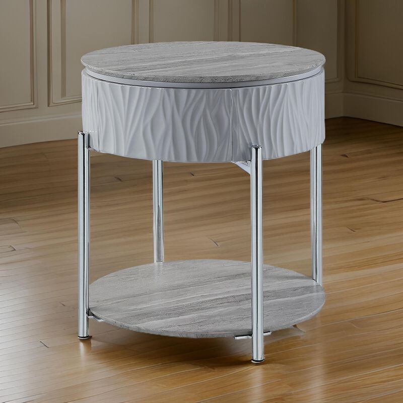 Doug Side End Table, 22 Inch Gray High Gloss Wood, Chrome Metal Finish