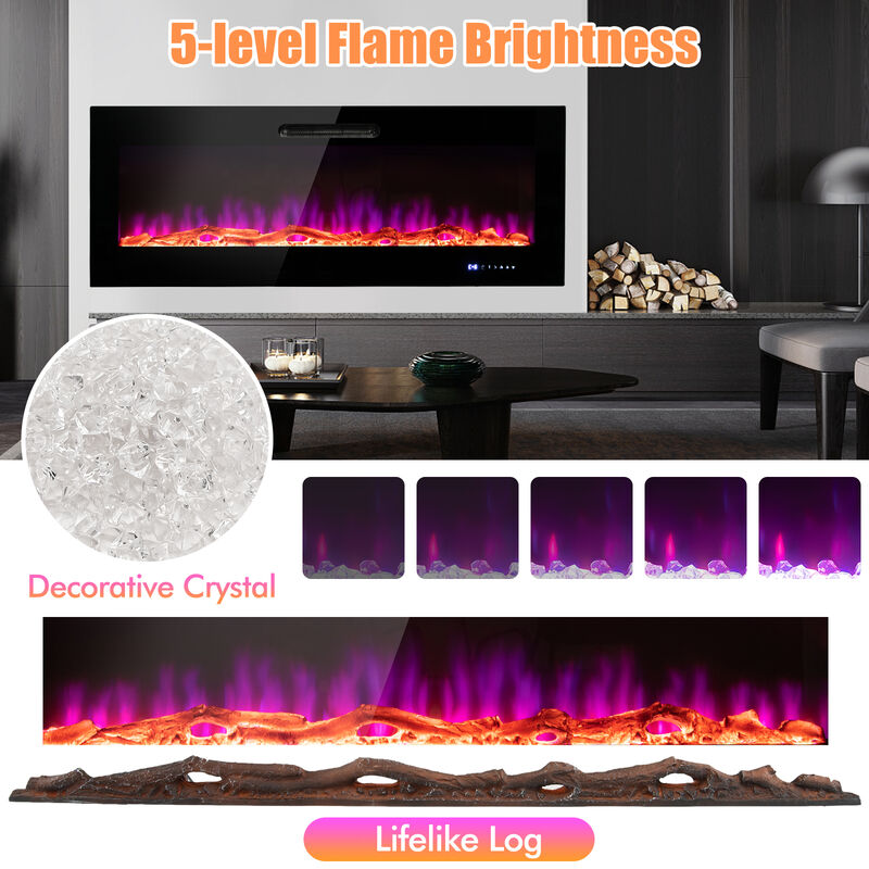 Wall Mounted Recessed Electric Fireplace with Decorative Crystal and Log
