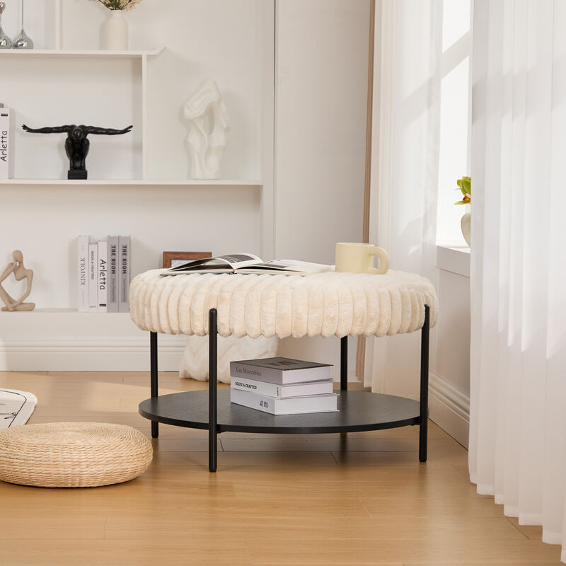 GOODSILO Versatile Upholstered Round Ottoman Coffee Table Foot Rest with Open Storage Shelf image number 3