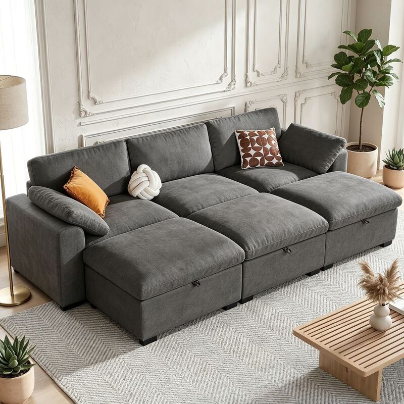 120" Modular Sectional Sleeper Sofa, 6-Seat Couch Bed with Storage Ottoman Deep Seat for Living Room image number 8