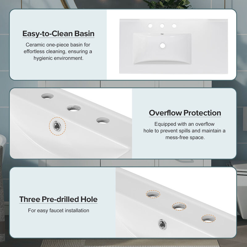 Merax Bathroom Vanity with Ceramic Sink  Freestanding Recessed  5 Drawers & 2 Soft-Close Doors Storage Cabinet Combo