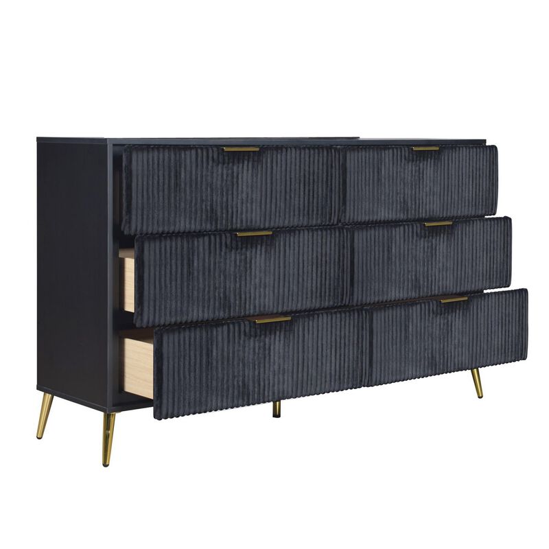 Benjara, Black, Gold Moko 58 Inch Wide Dresser, 6 Soft Upholstered Drawers