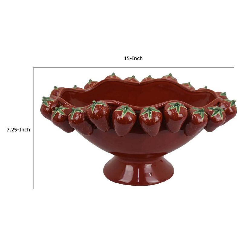 Randy Decorative Bowl, Sculpted Strawberry Rim, Glossy Red Ceramic