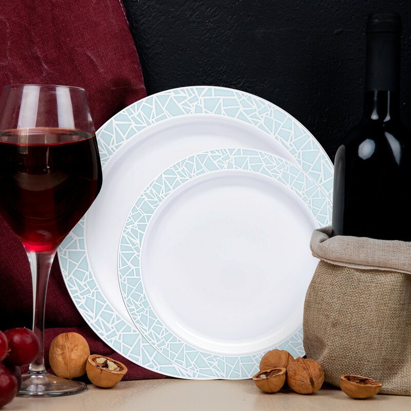 White with Turquoise Blue and Silver Mosaic Rim Dinnerware Value Set (40 Sets) image number 8