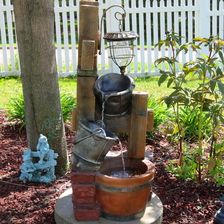 Sunnydaze Rustic Pouring Buckets Water Fountain and Solar Lantern - 34 in