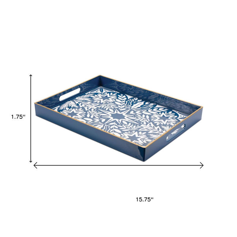 HomeRoots 16" Blue And White Geometric Star And Trees Serving Tray With Handles image number 4