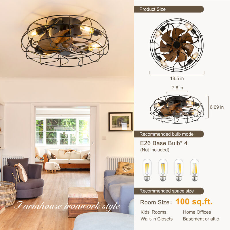 Breezary 18.5" Industrial Caged Ceiling Fan with Light,4 E26 Bulbs Required,6 Speed Remote,Reversible,Timer,Quiet,7 Blades image number 2