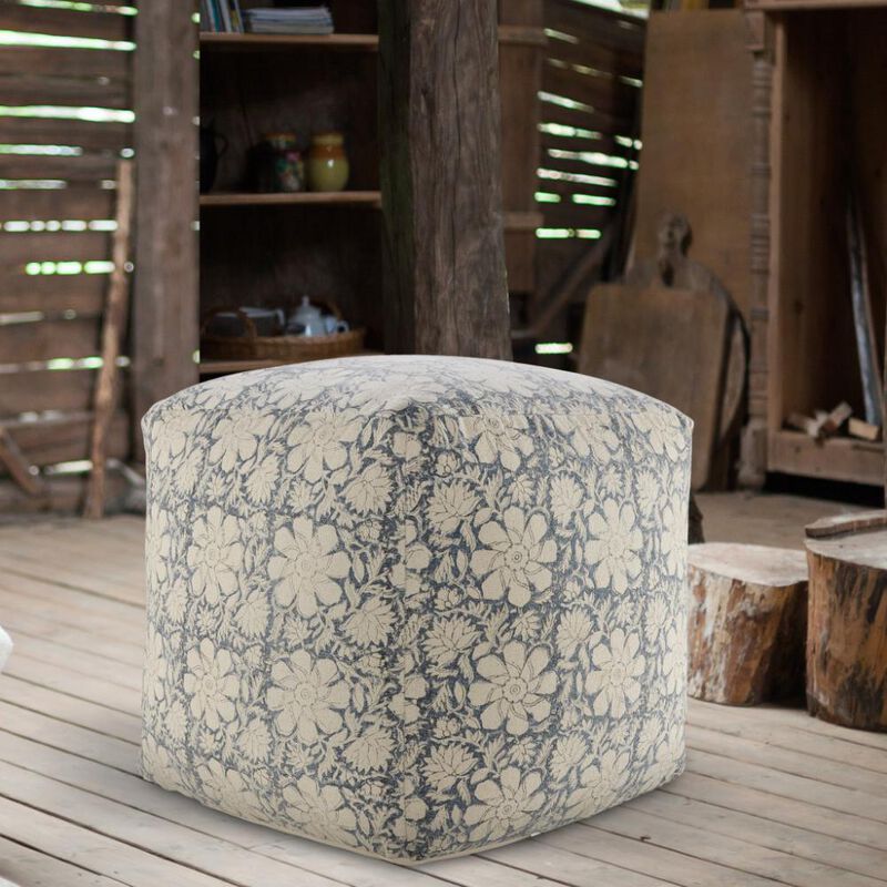 Hivvago 20 Inch Beige Cotton Abstract Pouf Ottoman