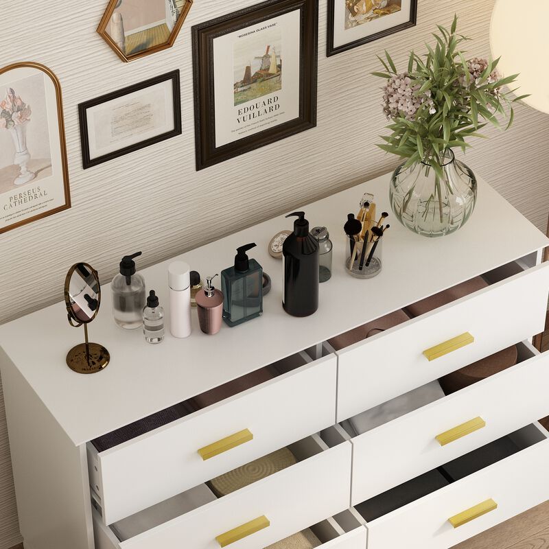 White Wooden Accent Storage Cabinet, Dresser, Chest, Vanity, with 6 Large Drawers, for Bedroom, Livingroom