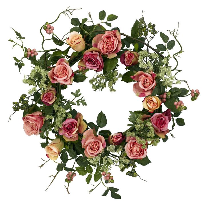 Nearly Natural 20-in Rose Wreath