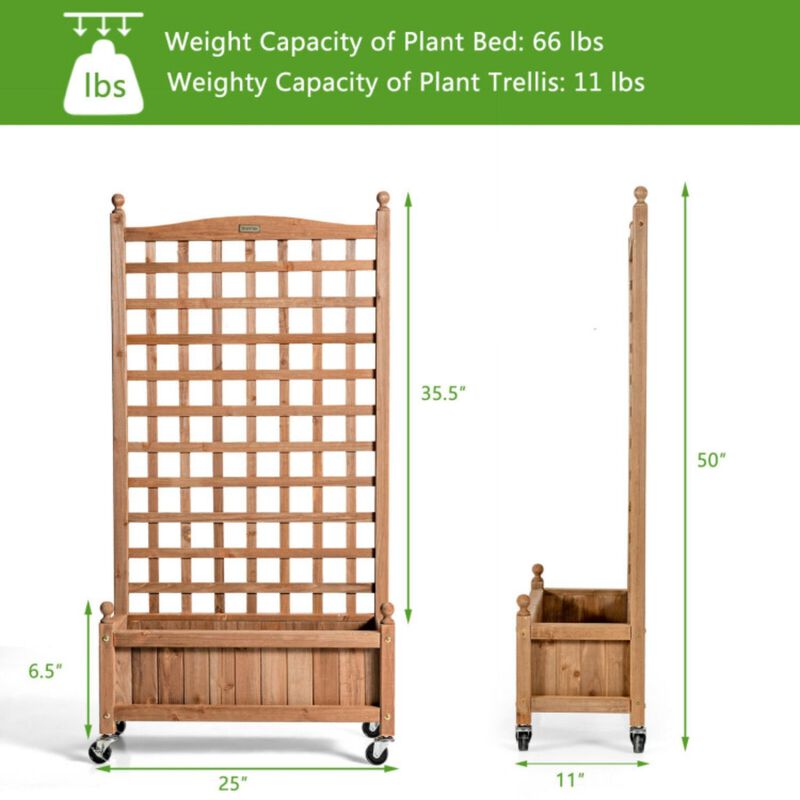 Hivvago 50 Inch Wood Planter Box with Trellis Mobile Raised Bed for Climbing Plant