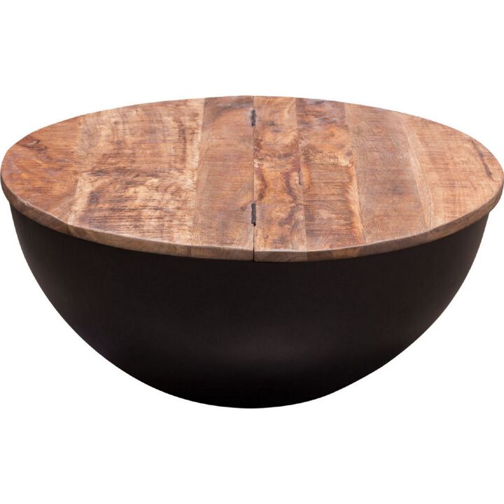 28 Inch Storage Coffee Table, Round Drum Silhouette, Brown Wood, Black Base - Benzara