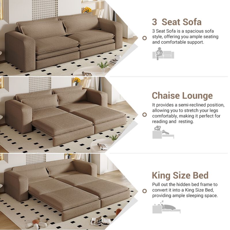 Whisen 93" King Size Sleeper Sofa, 3-Seat Teddy Fabric Convertible Couch with 2 Lumbar Pillows image number 4