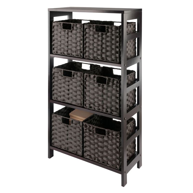 Winsome Wood Leo 7-Pc Storage Shelf with 6 Foldable Woven Baskets - Espresso and Chocolate