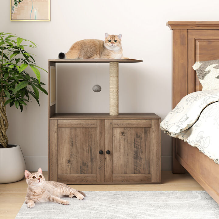 Grey Cat Tree with Litter Box Enclosure and Sisal Scratching Post