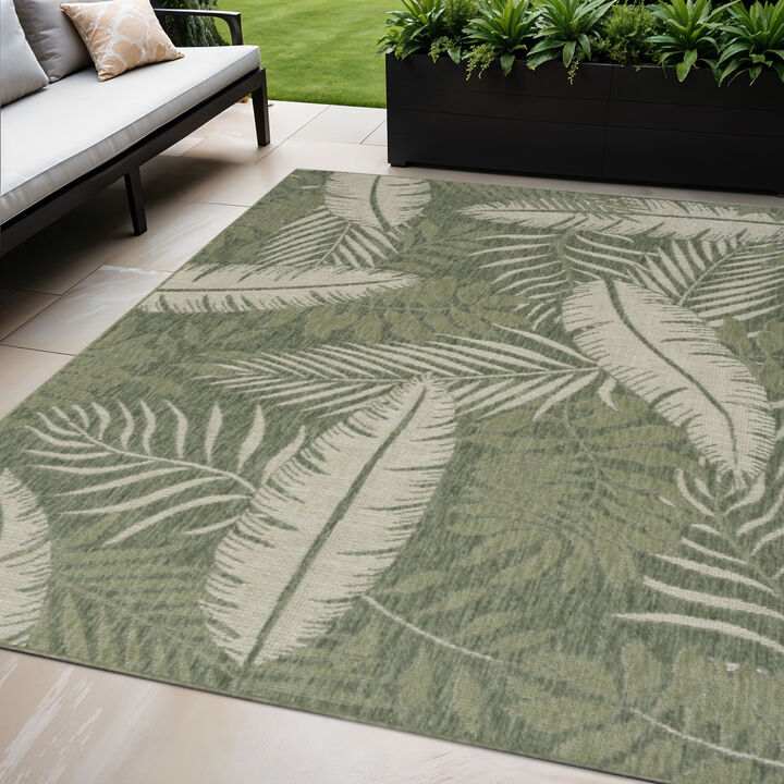 HomeRoots 5' X 7' Ivory And Green Palm Leaf Indoor Outdoor Area Rug
